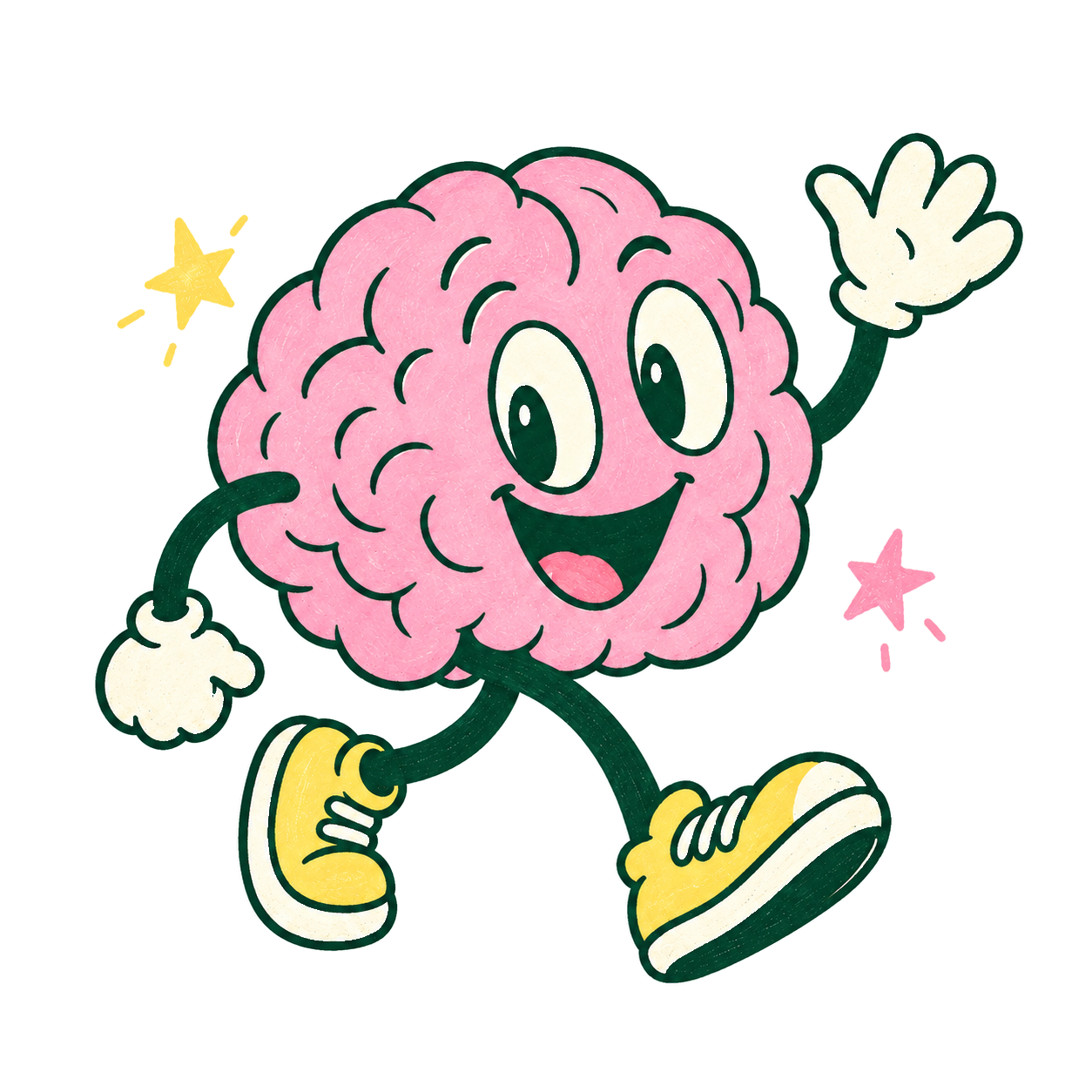 A smiling pink brain in yellow sneakers waves hello.